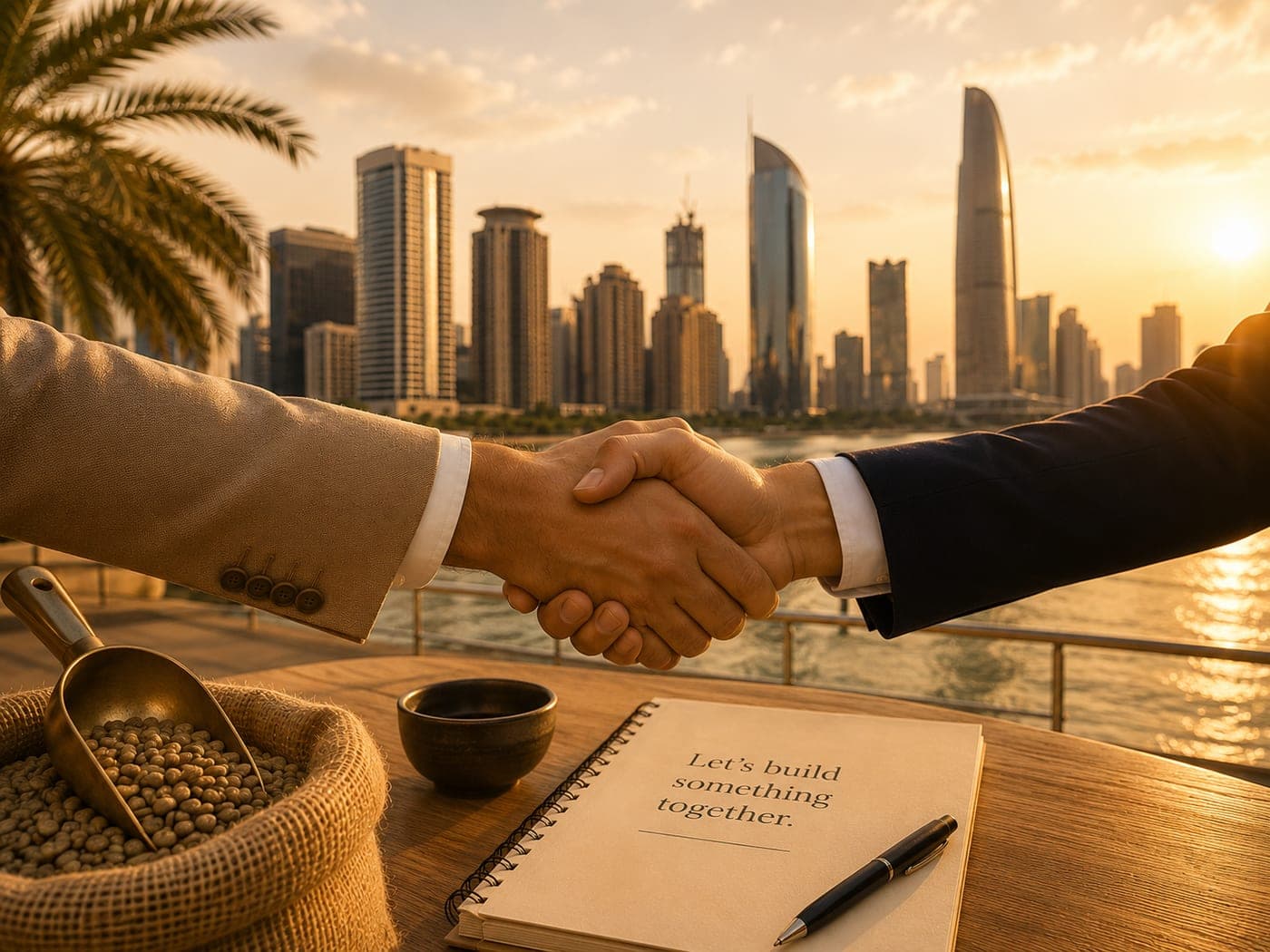 A handshake over a table of green coffee and a notebook reading “Let’s build something together”, the Dubai skyline behind