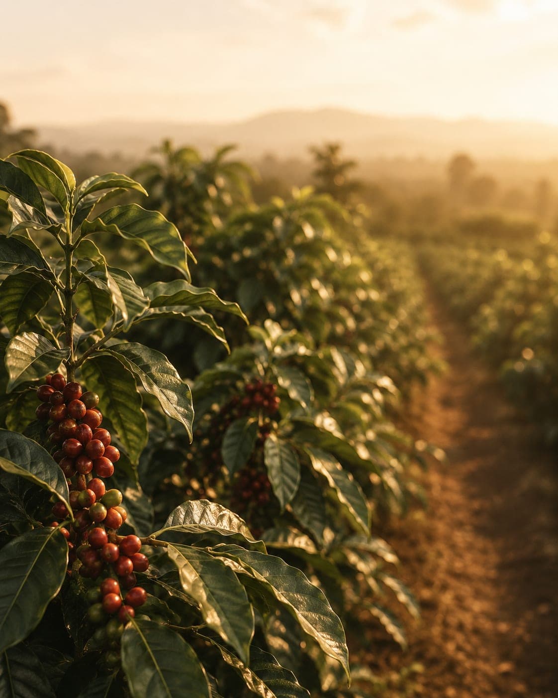 Ripening coffee cherries on the branch, with planted rows receding into morning haze