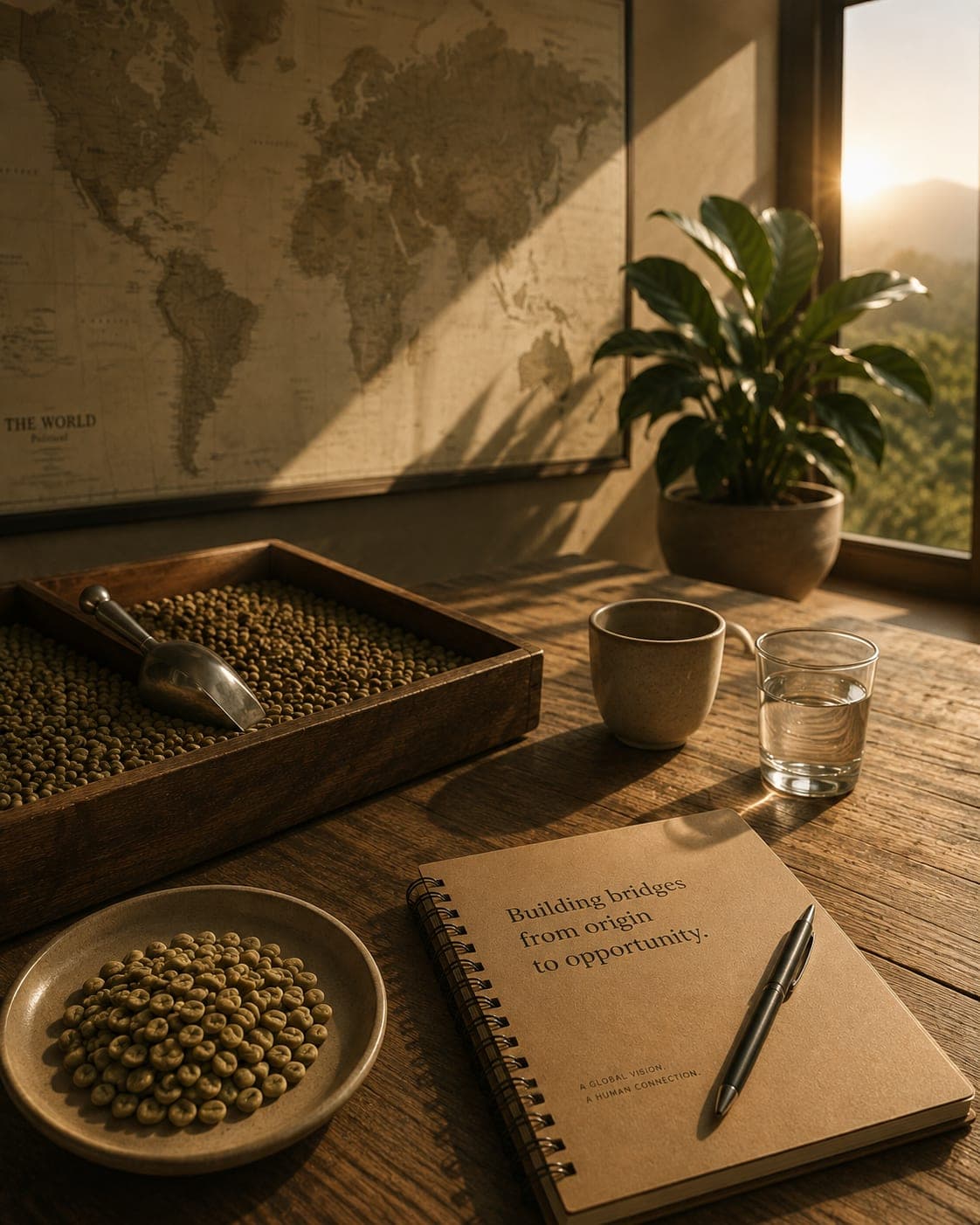 Green coffee samples and a notebook reading “Building bridges from origin to opportunity” on a desk beneath a world map