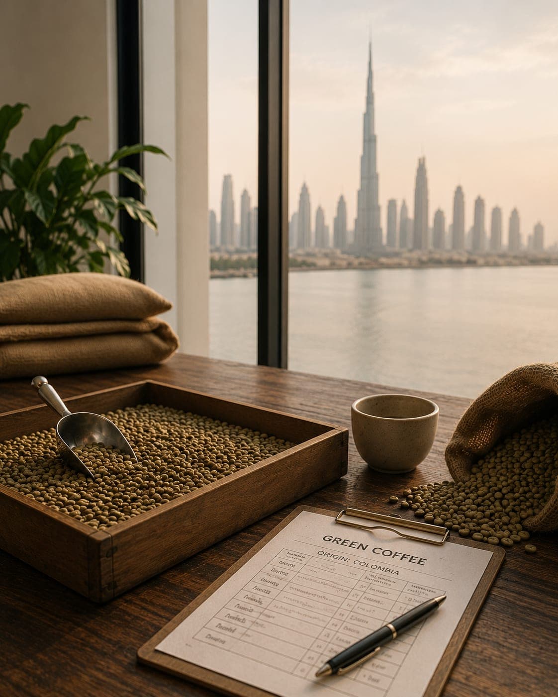 Green coffee samples and a Colombia origin sheet on a trading desk, the Dubai skyline beyond the window