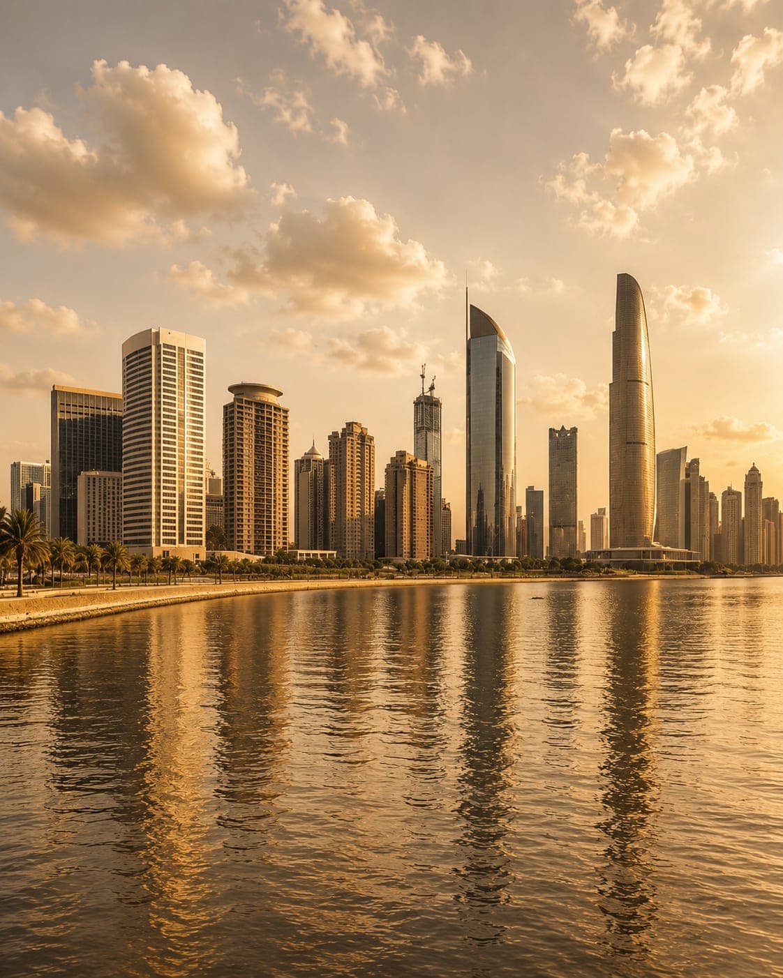 The Dubai skyline at golden hour, mirrored in the water along the waterfront